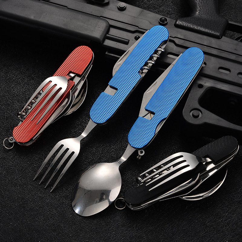 Multi-functional Foldable Detachable Combination Cutlery Set, Outdoor Hiking Travel Utensils with Multi-opening Aluminum Handle, Gift Fruit Knife