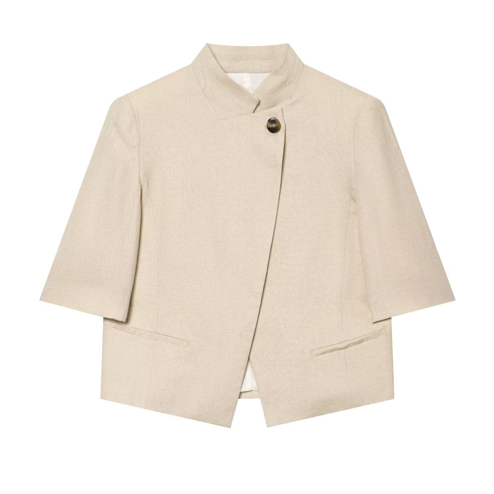 Stand collar linen blend short sleeved suit jacket