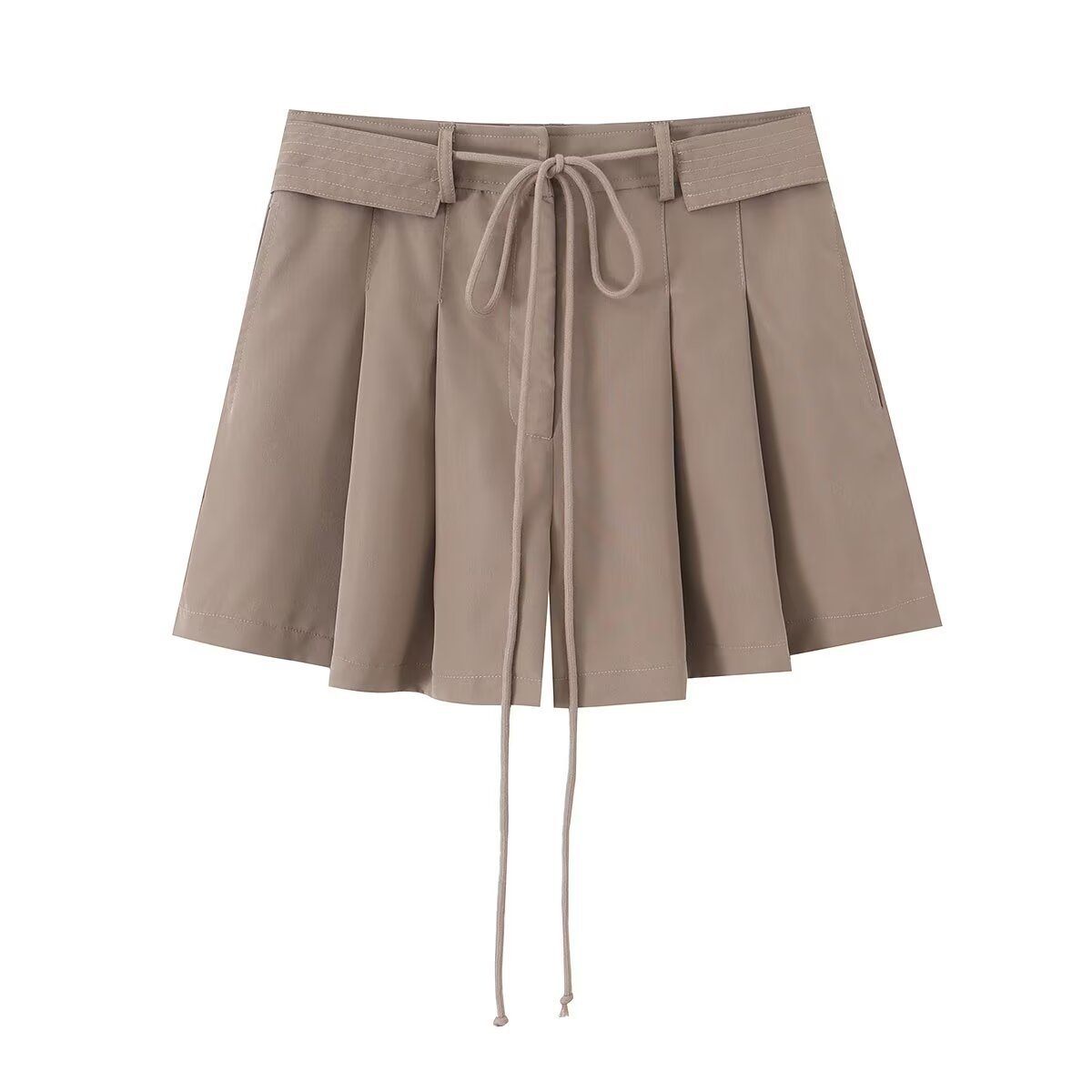 French drawstring waist belt pleated high waisted shorts