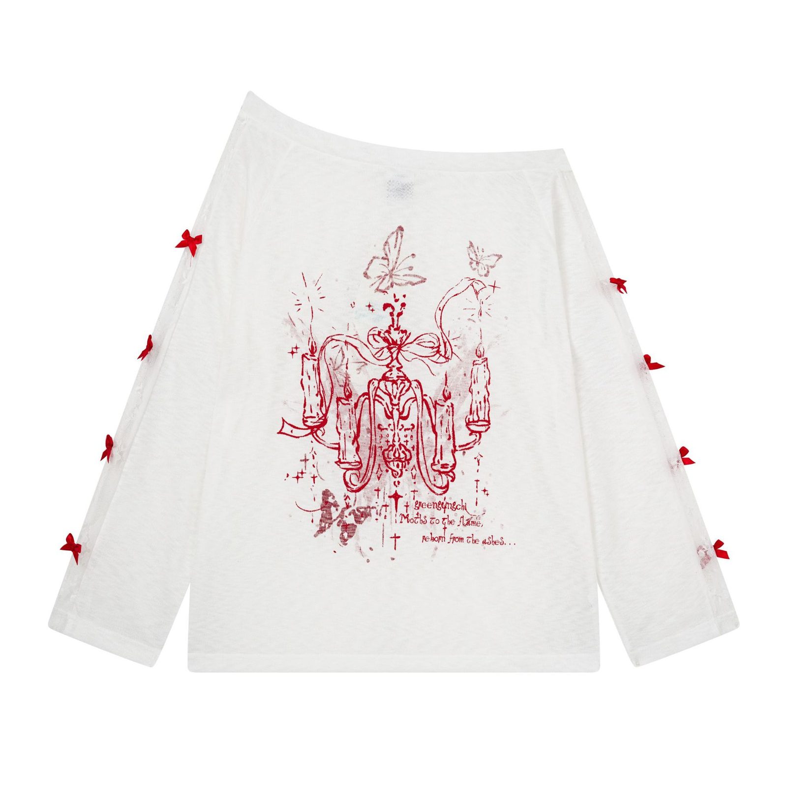 Sweet Girl Style Corset Top with Print, Asymmetrical Shoulder, Long Sleeve, Lace-up Belt, Butterfly Decoration