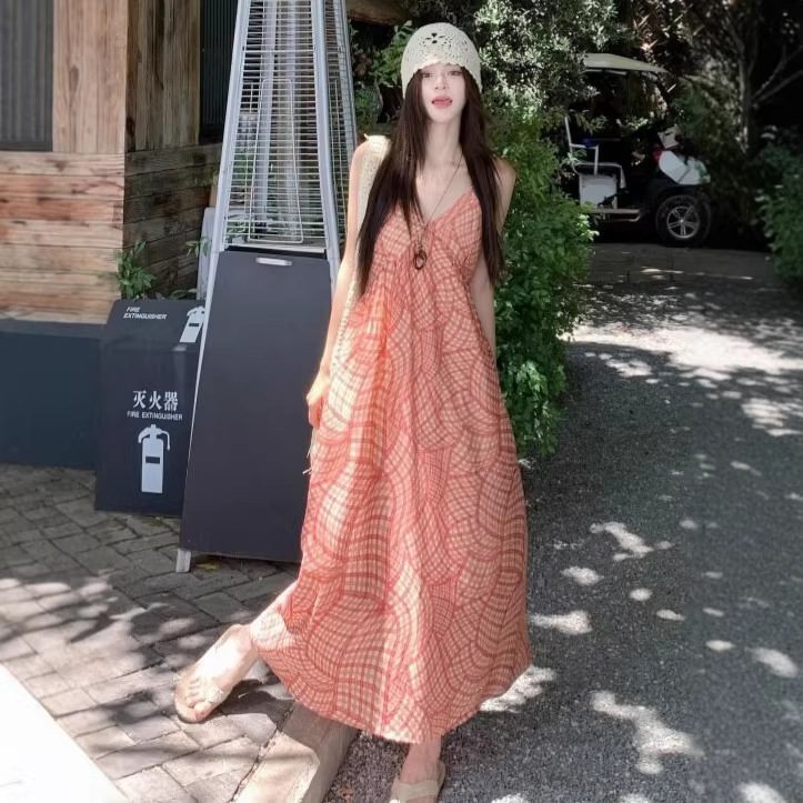 Womens Fashionable Casual V-Neck Plaid Slip Dress