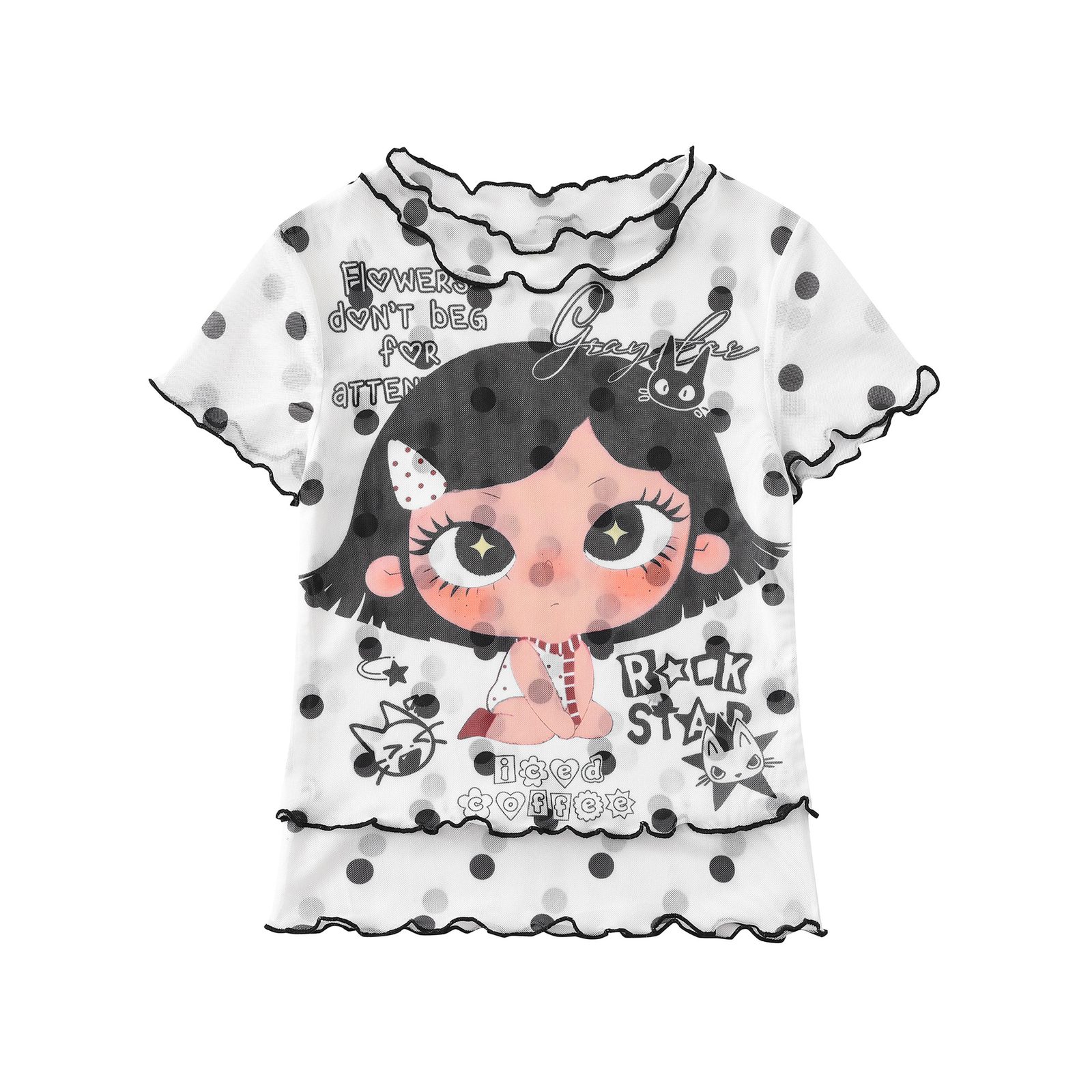 Cartoon Graffiti Mesh T-Shirt Color-Blocked Plaid Ruffle Trim Fitted Bodysuit