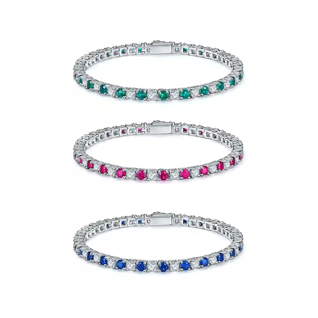 S925 Sterling Silver 3x3mm Lab-Grown Gemstone Tennis Bracelet For Women 16.5cm 8.6g Red Blue Green Options Platinum Plated Gift Box