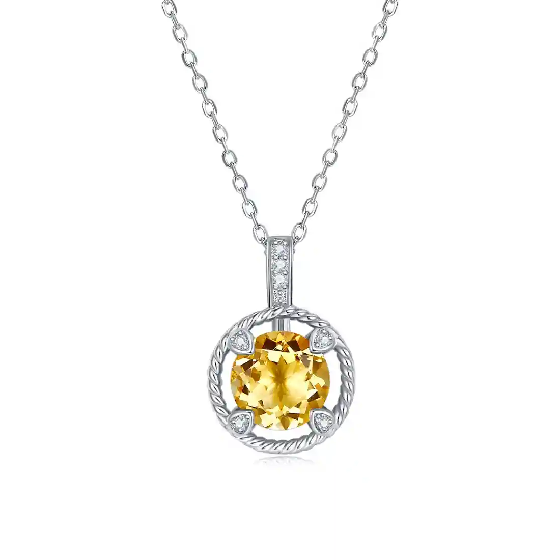 S925 Sterling Silver Necklace, 8mm Natural Citrine Round Pendant, Platinum Plated Rope Design Chain 2.6g, Elegant Women's Jewelry Gift Box