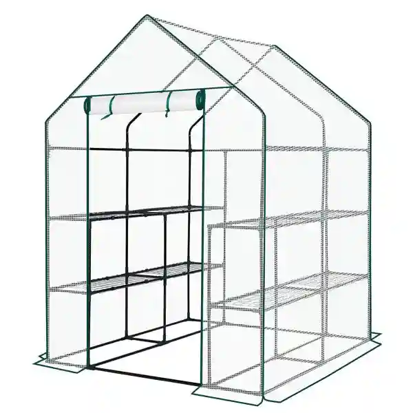 Mini Walk-in Greenhouse With PE Cover, 8-Shelf Indoor Outdoor Plant Gardening Green House For Garden Backyard, 56inch X 56inch X 77inch, White