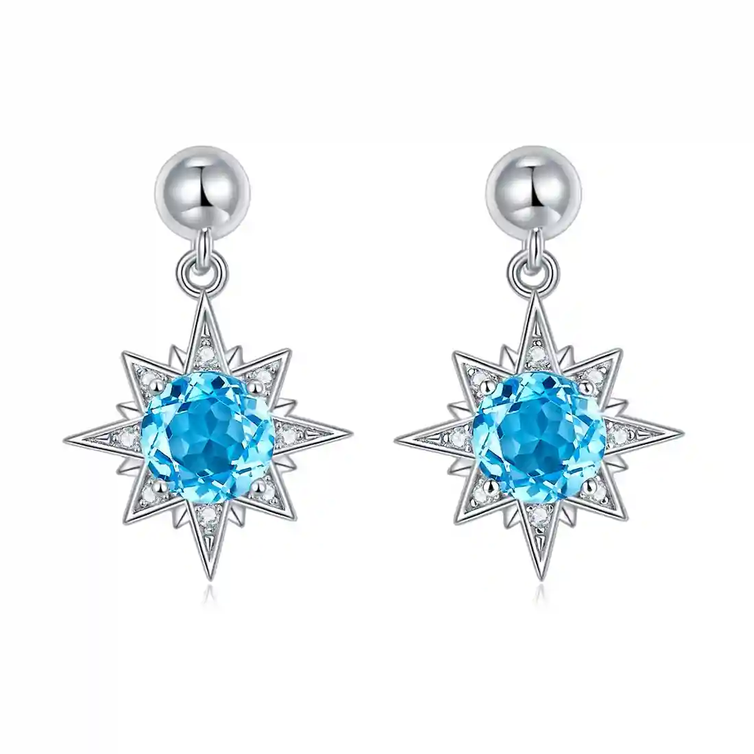 S925 Sterling Silver Star Dangle Earrings, 6mm Natural Blue Crystal, Platinum Plated Drop Earrings For Women, 3.2g, Jewelry Gift Box Set