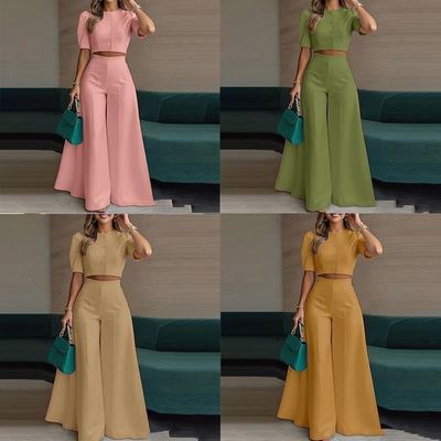 Solid Color Women Two Piece Pant Set Short Sleeve Cropped Top High Waist Wide Leg Trousers Casual Outfits
