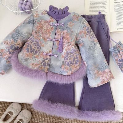 Girls Chinese Style Embroidered Frog Button Winter Thickened Warm Fuzzy New Year Outfit Two Piece Suit