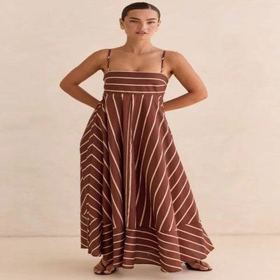 Square Neck Spaghetti Strap Diagonal Stripe High Waist Flowy Maxi Dress