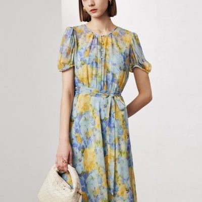 Floral Ladylike Waist-cinching Long Dress