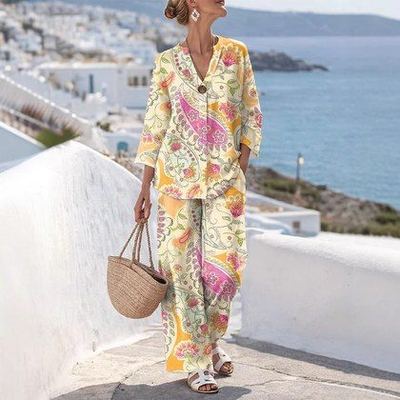 Womens Set Resort-style Loose-fitting Long-sleeve Shirt And Casual Trousers