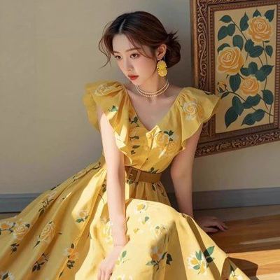 Yellow Rose-Print Petite-Sleeve Dress For Women