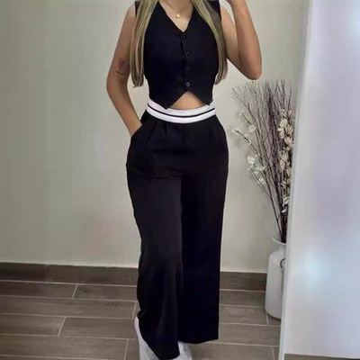 Womens Solid-Color Vest Contrasting High-Waist Wide-Leg Pants Casual Set