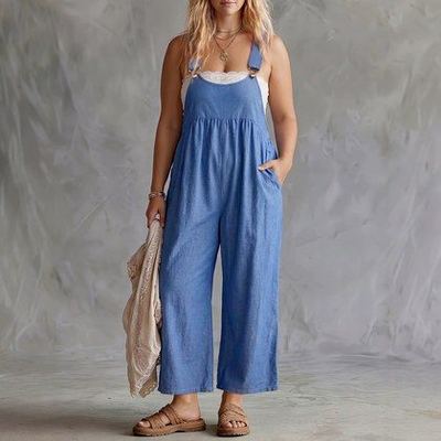 Plus-size Womens Summer Solid-color Wide-leg Jumpsuit